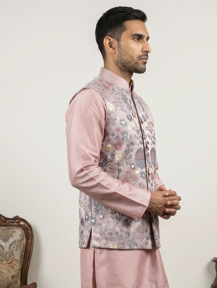 Men Solid With Work Mandarin Neck Nehru Jacket - 22616562 -  Standard Image - 3