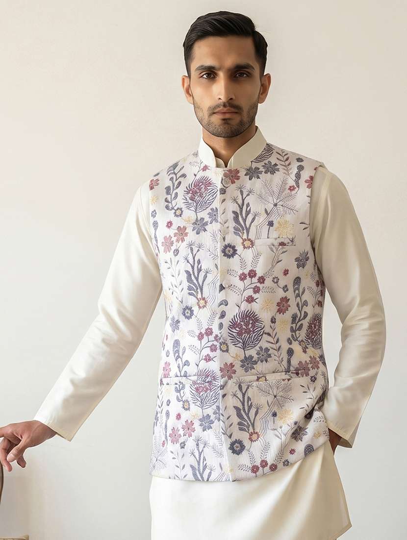 men solid with work mandarin neck nehru jacket
