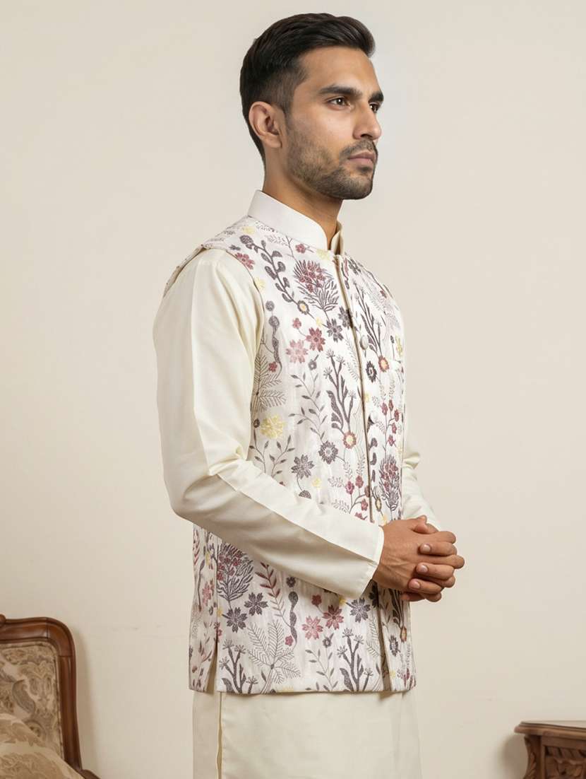 Men Solid With Work Mandarin Neck Nehru Jacket - 22616563 -  Standard Image - 3