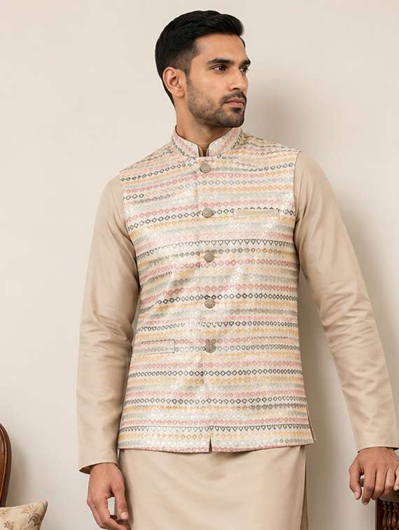 men self design mandarin neck nehru jacket