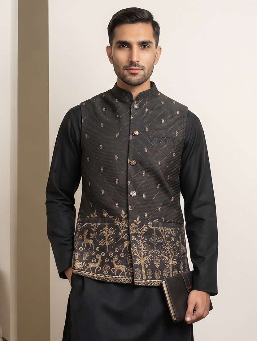 men printed mandarin neck nehru jacket