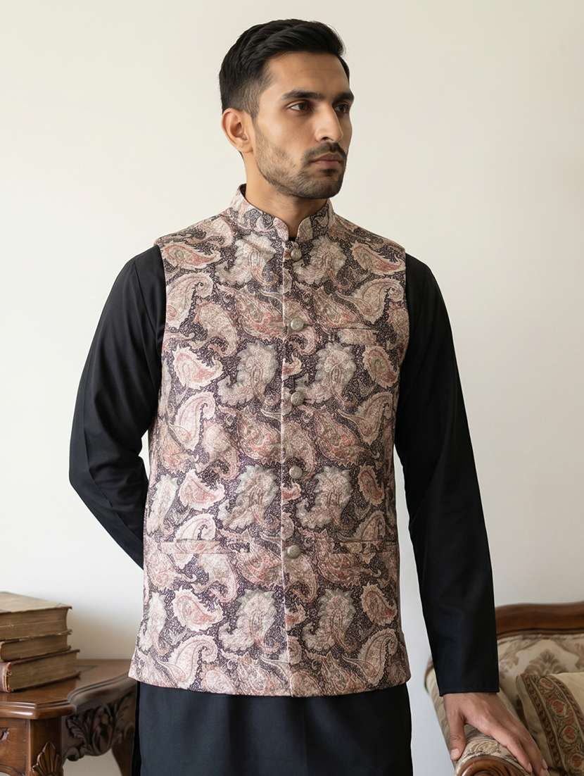 men paisley mandarin neck nehru jacket