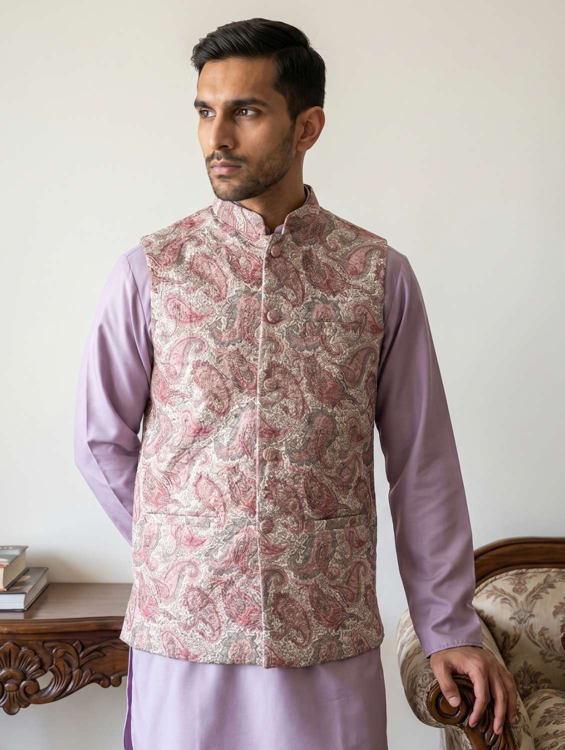 men paisley mandarin neck nehru jacket