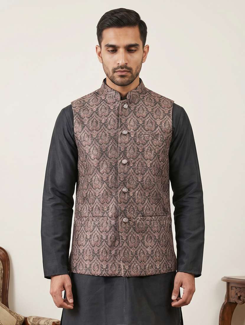 men printed sleeveless nehru jacket