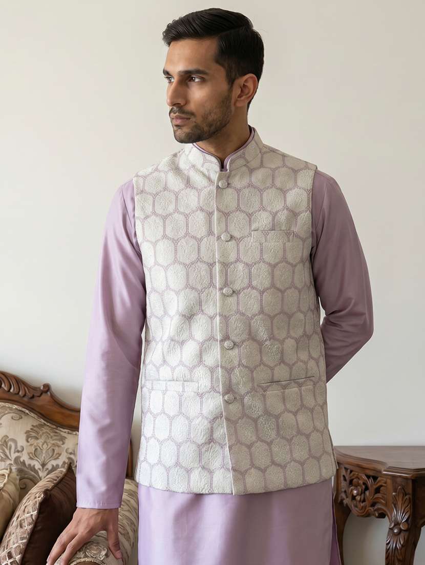 men self design sleeveless nehru jacket