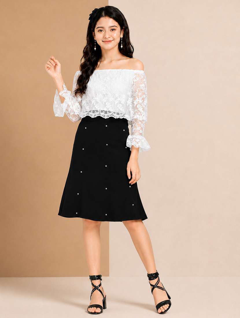 women self design off shoulder a-line dress