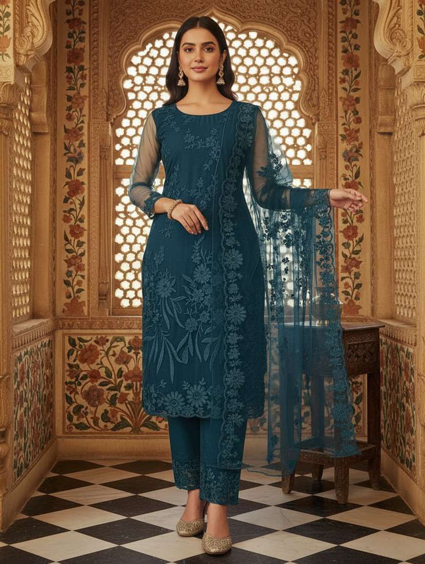women embroidered three quarter sleeves kurta pant set with dupatta