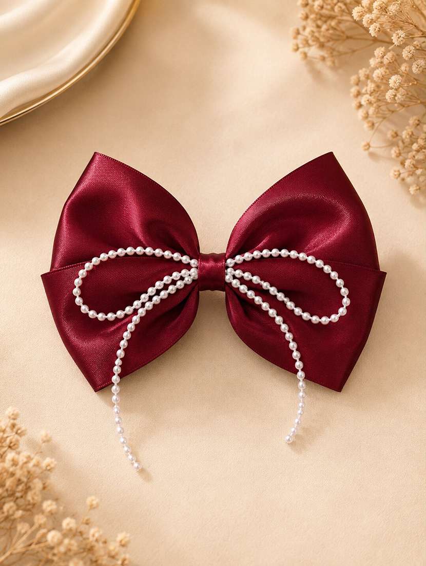 maroon satin bow hair clip with pearl bow design for women