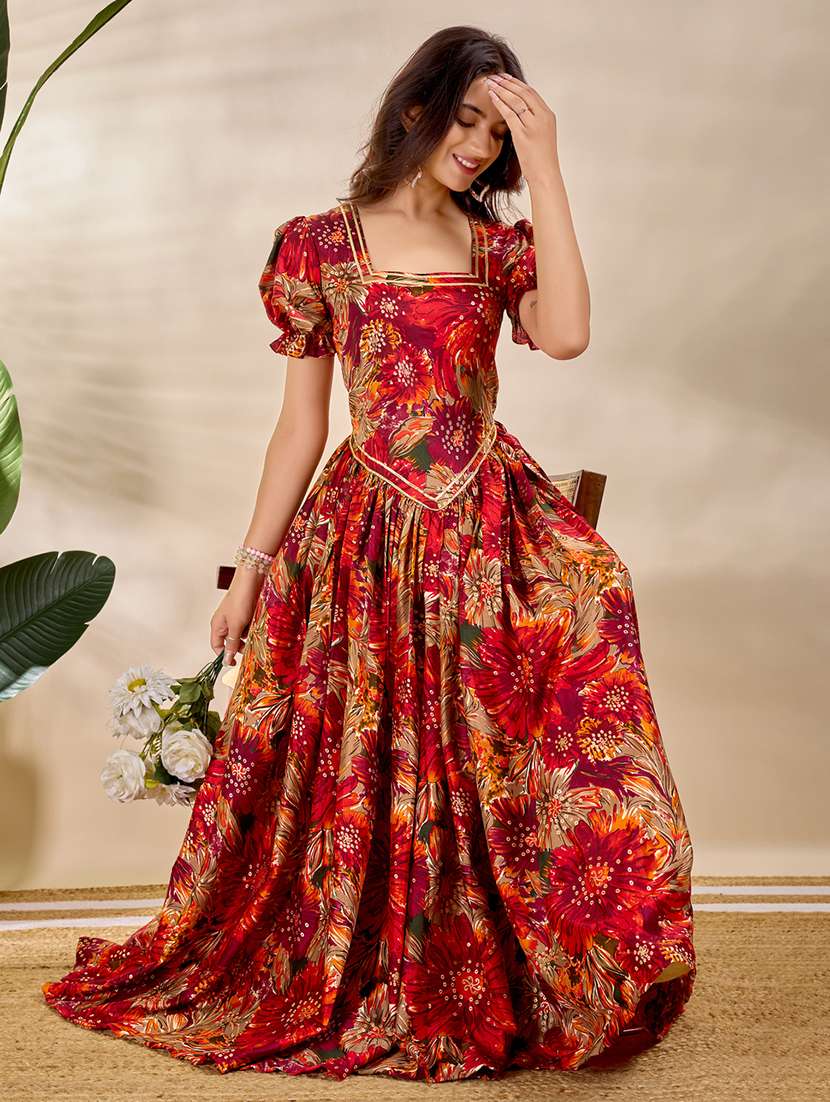 women floral printed puff sleeve fit & flare dress