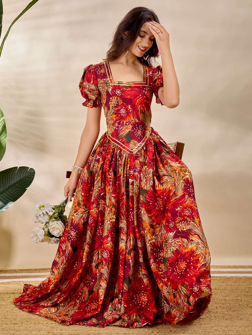women floral printed puff sleeve fit & flare dress