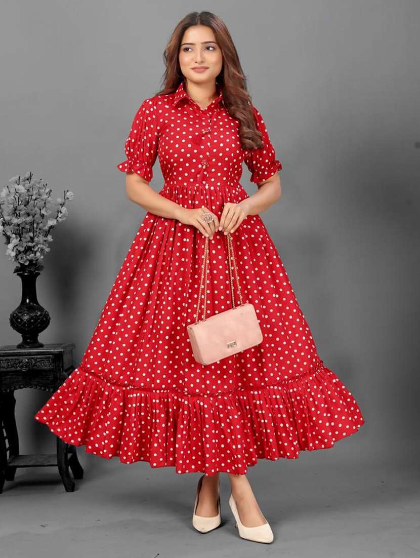 women polka dot puff sleeve tiered dress