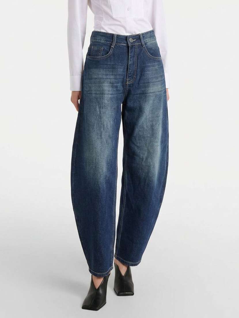 women washed high rise barrel jeans