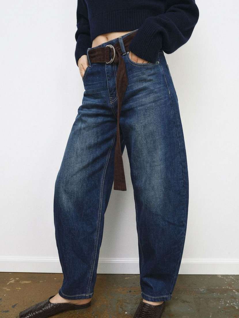 women washed high rise barrel jeans