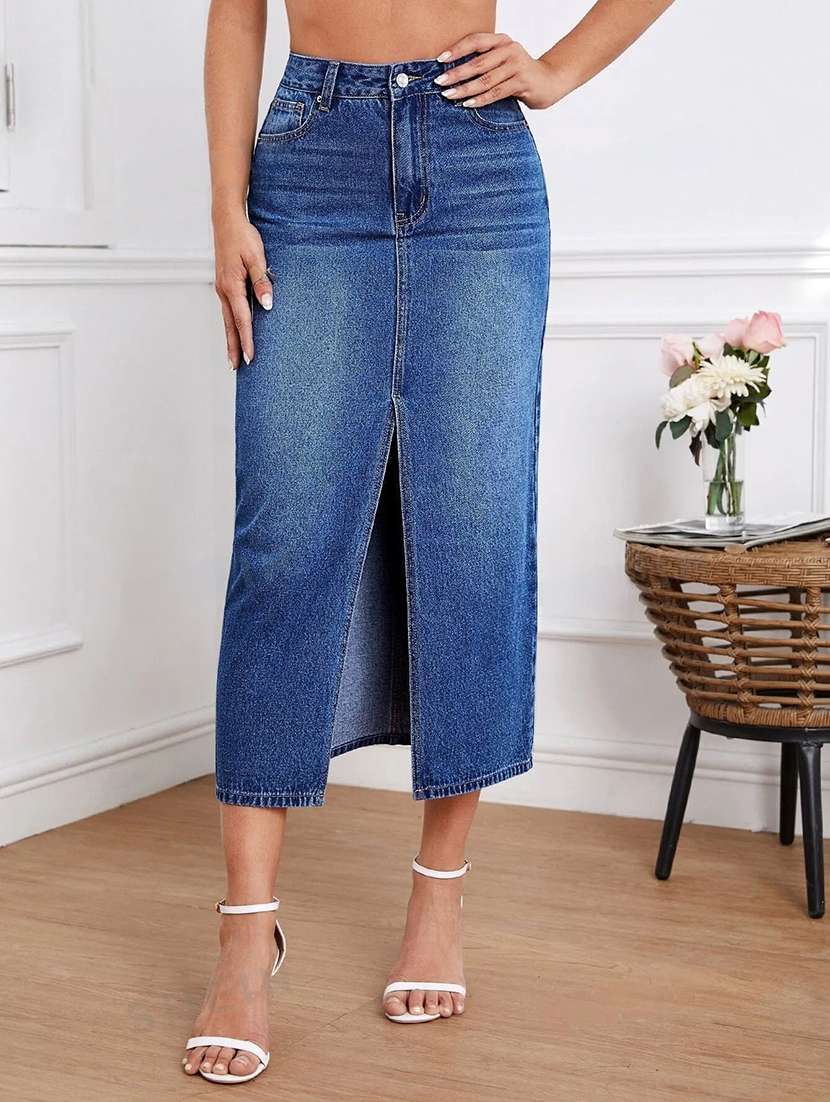 women washed high rise straight skirt