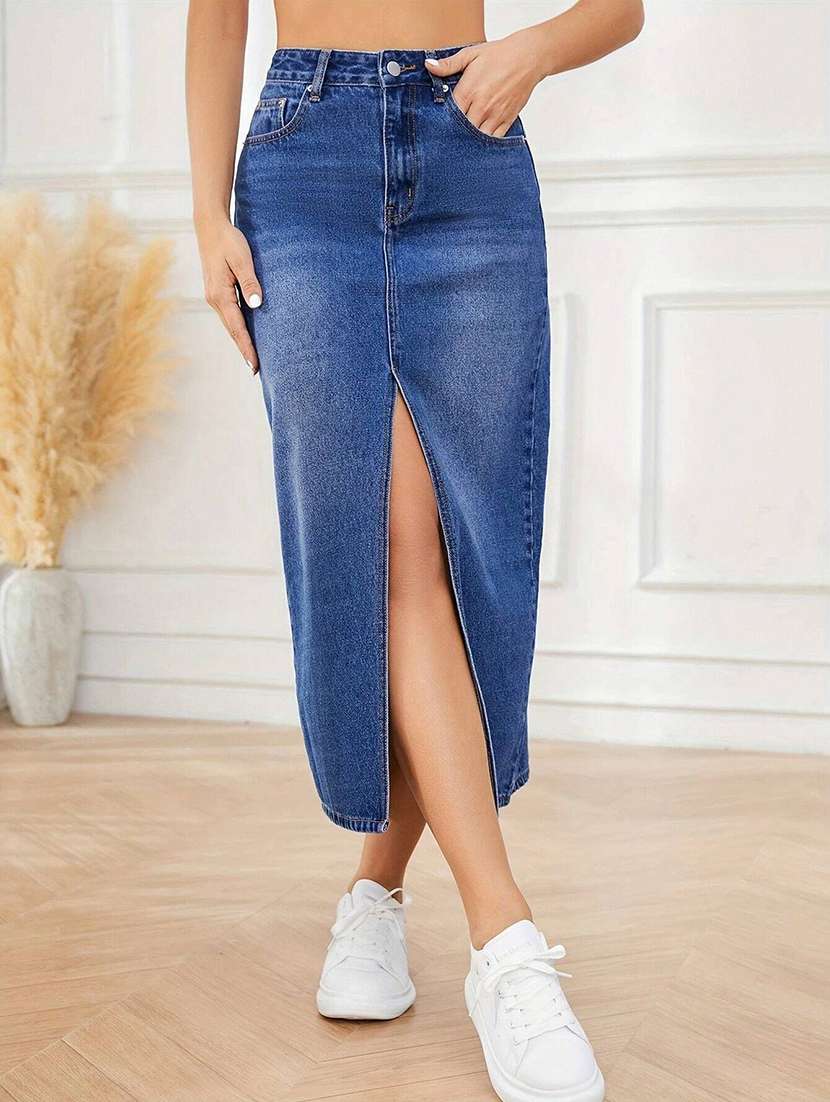 women solid high rise straight skirt