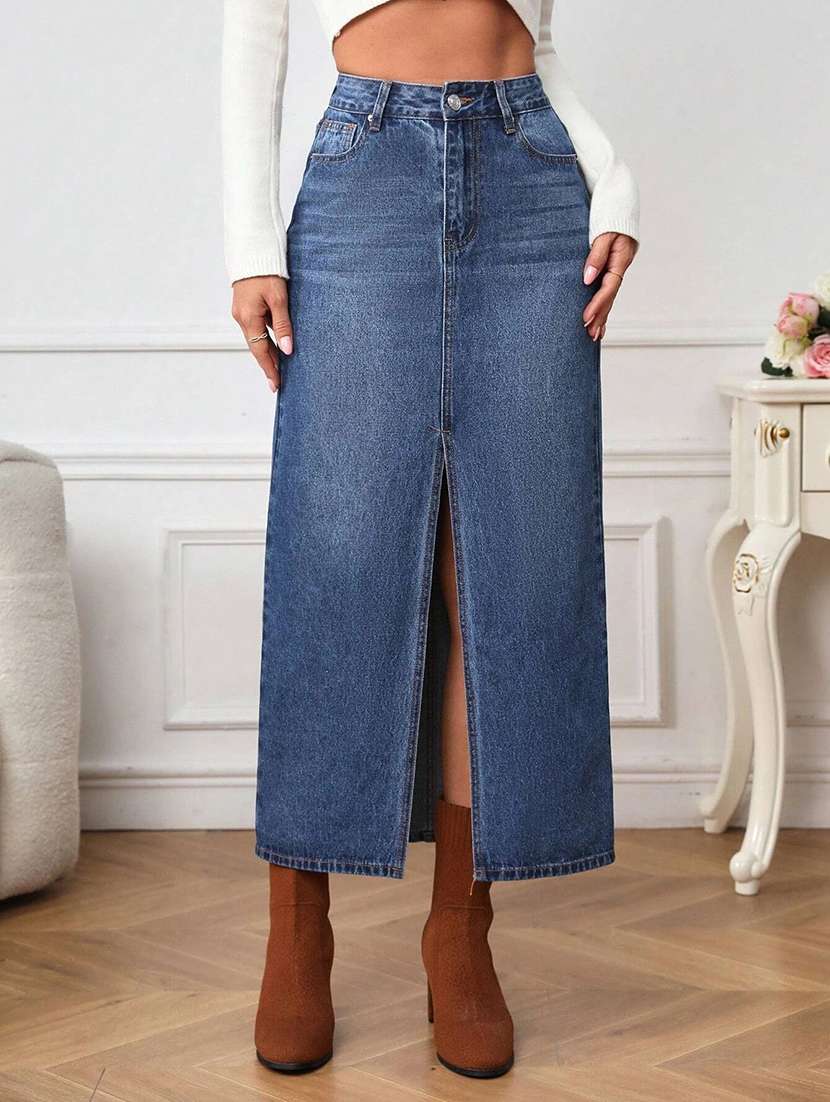 women solid high rise straight skirt