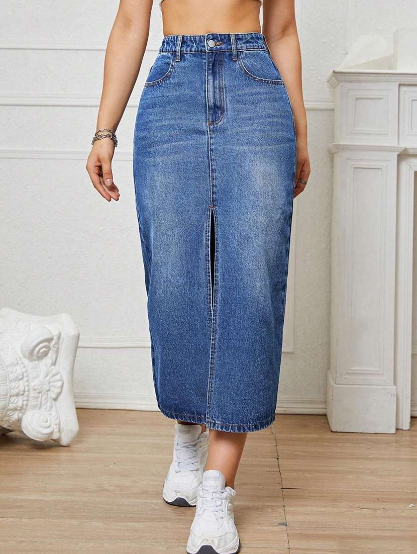 women solid high rise straight skirt