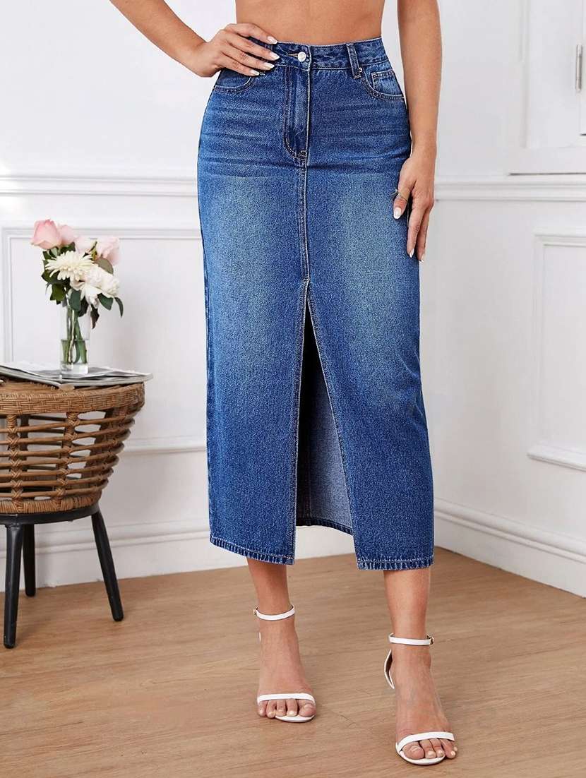 women solid high rise straight skirt