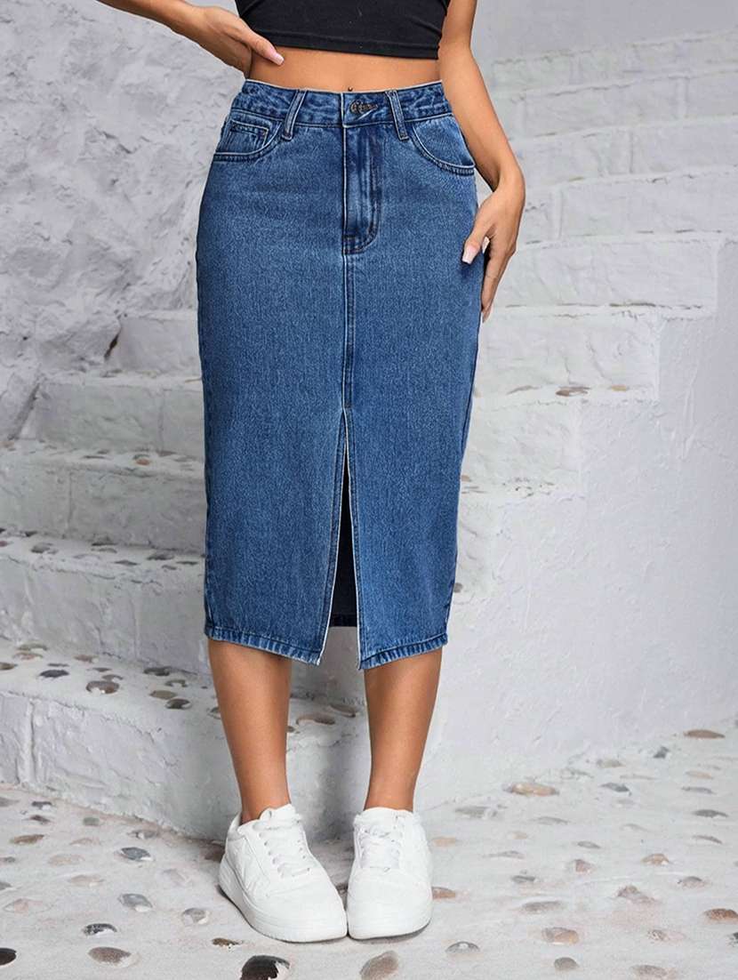 women solid high rise straight skirt