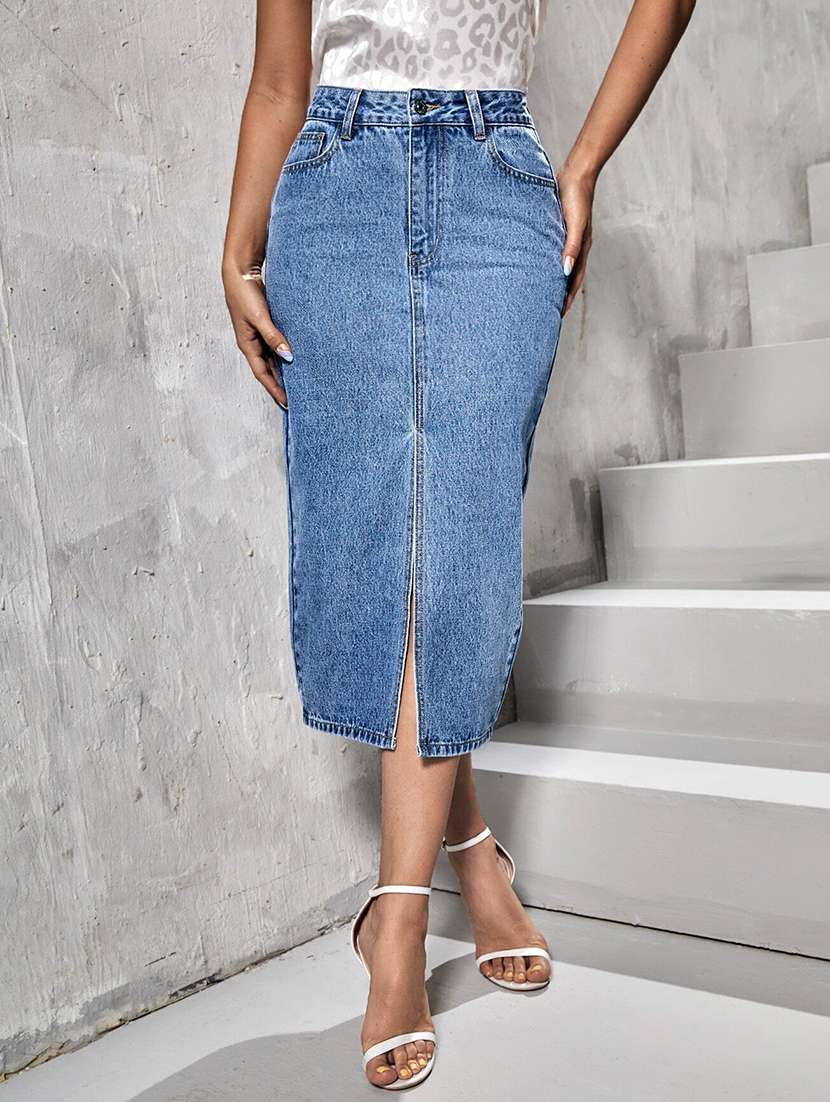 women solid high rise straight skirt