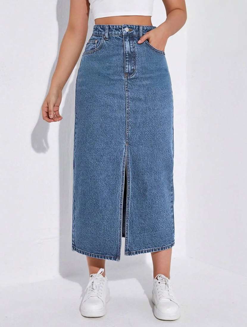 women solid high rise straight skirt