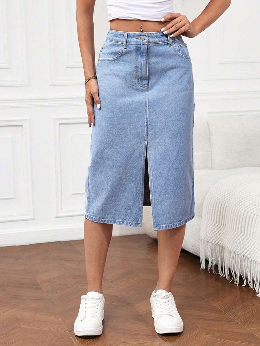 women solid high rise straight skirt