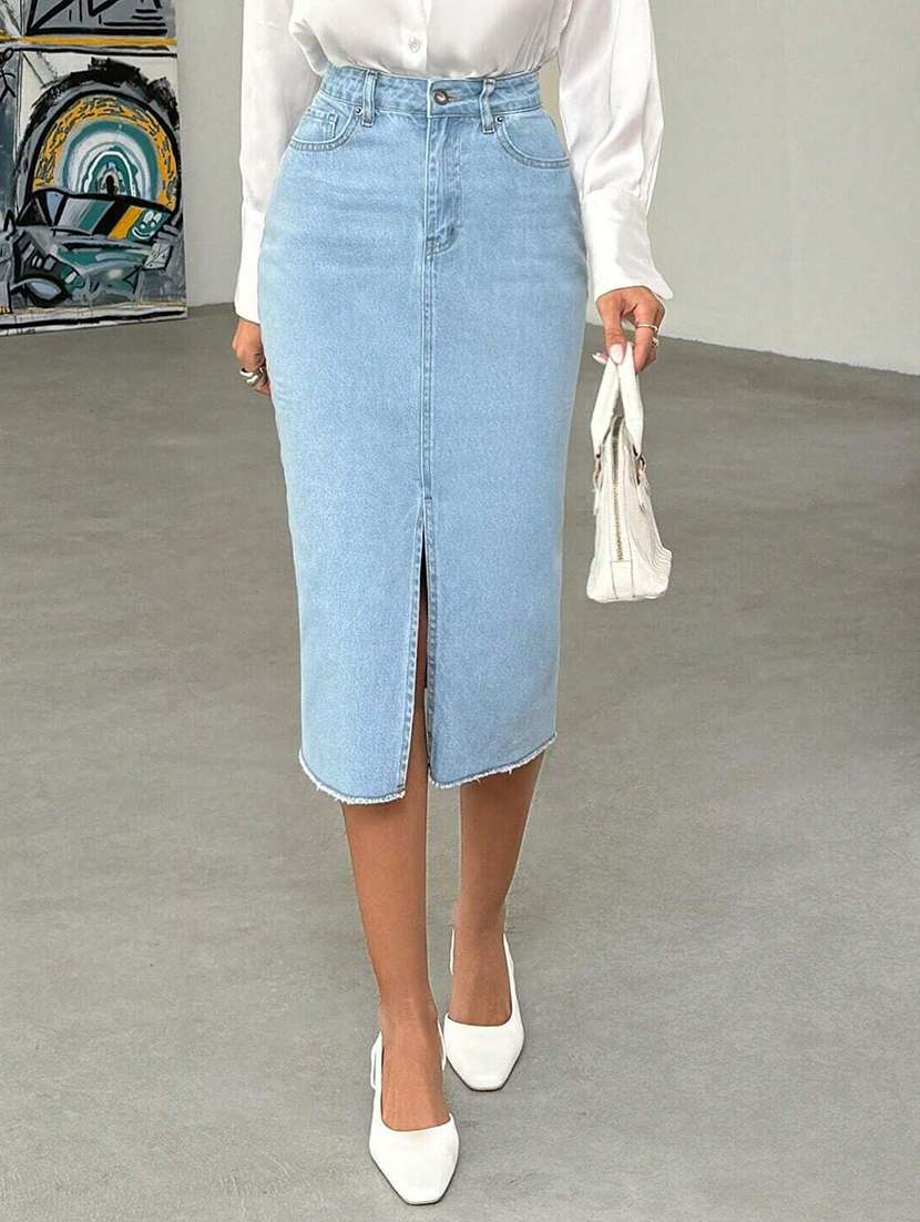 women solid high rise pencil skirt