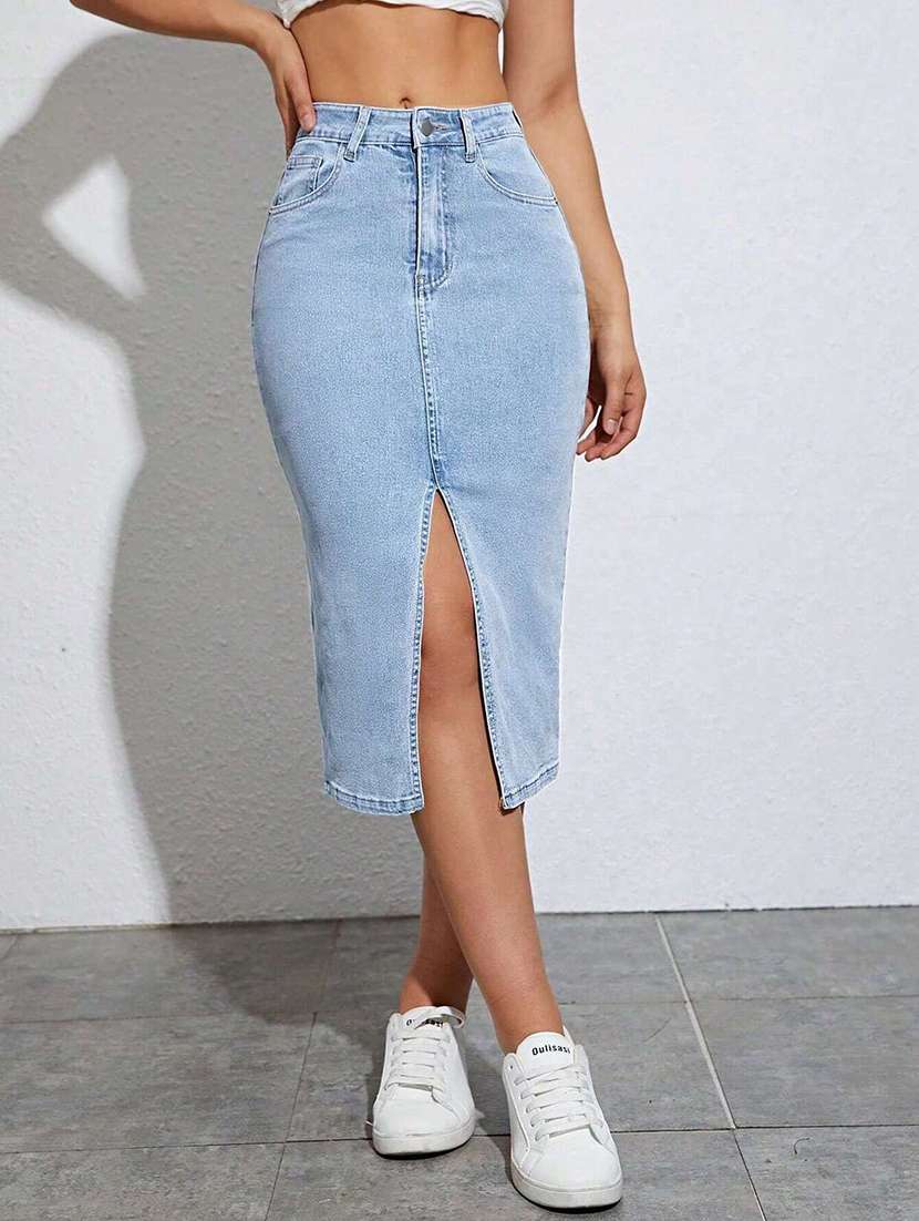 women solid high rise pencil skirt