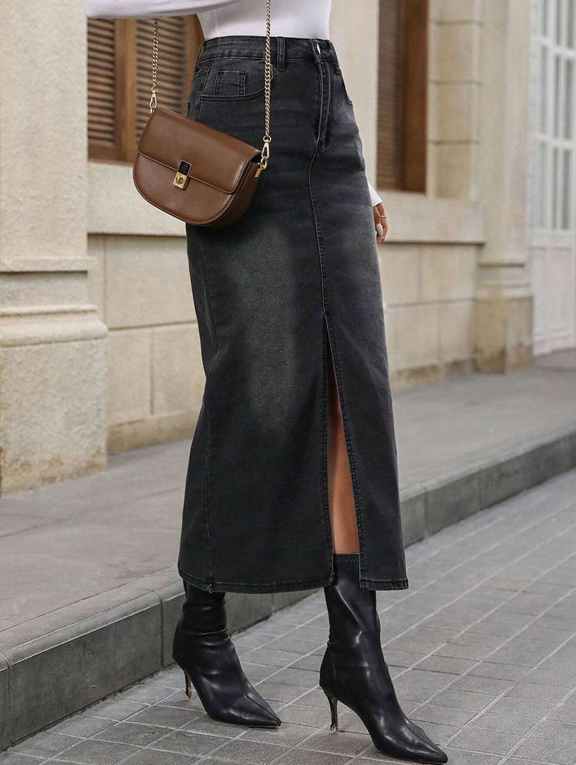 women solid high rise denim skirt