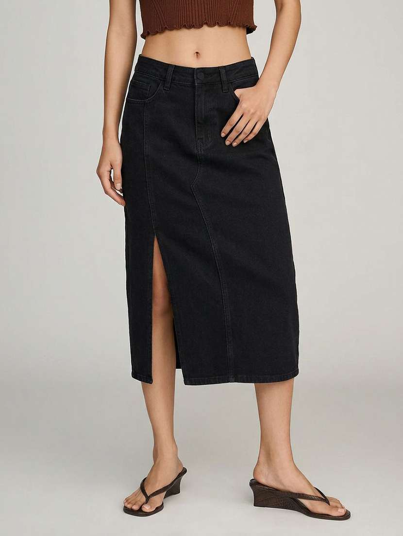 women solid high rise denim skirt