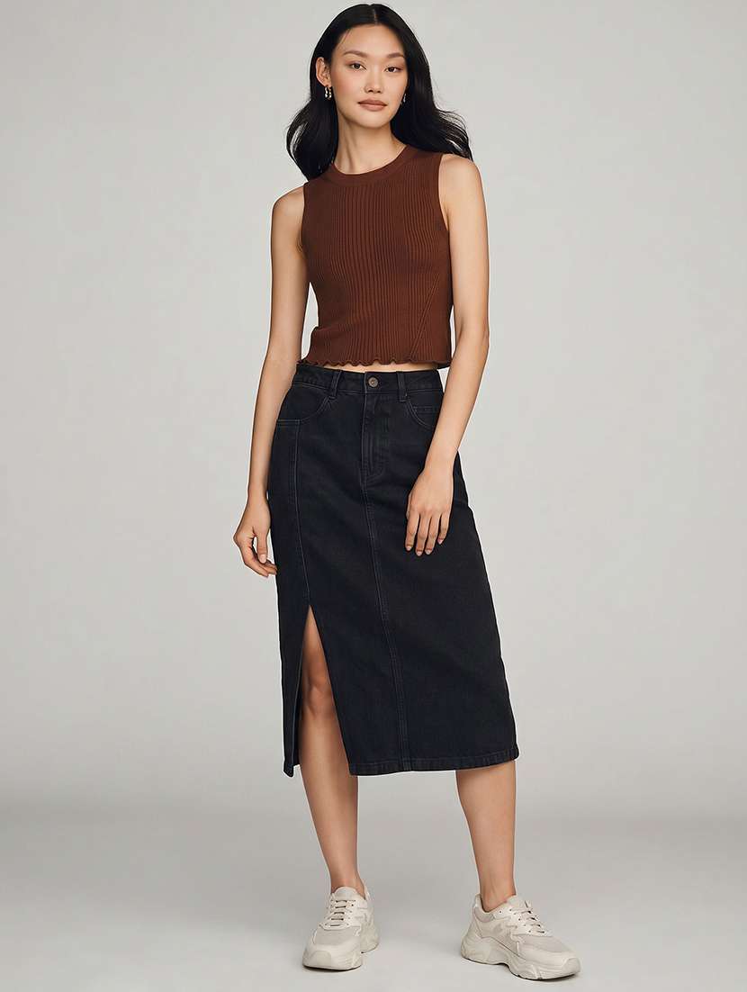 Women Solid High Rise Denim Skirt - 22617015 -  Standard Image - 3