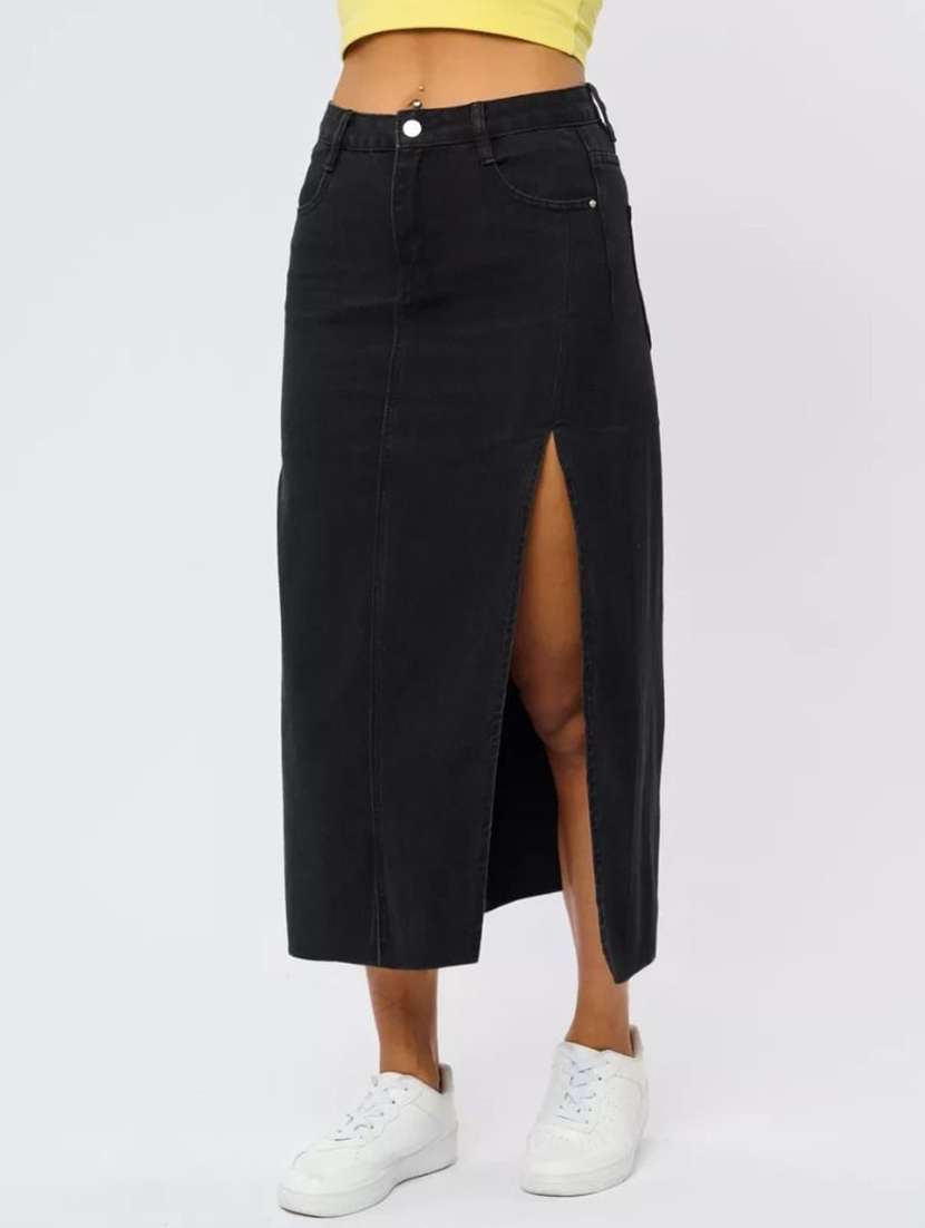 women solid high rise denim skirt