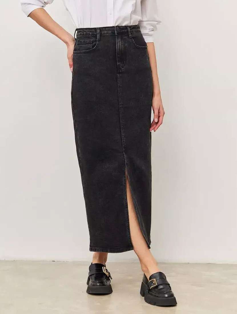 women solid high rise straight skirt