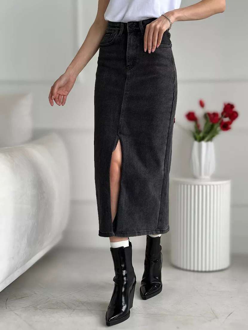 women solid high rise straight skirt
