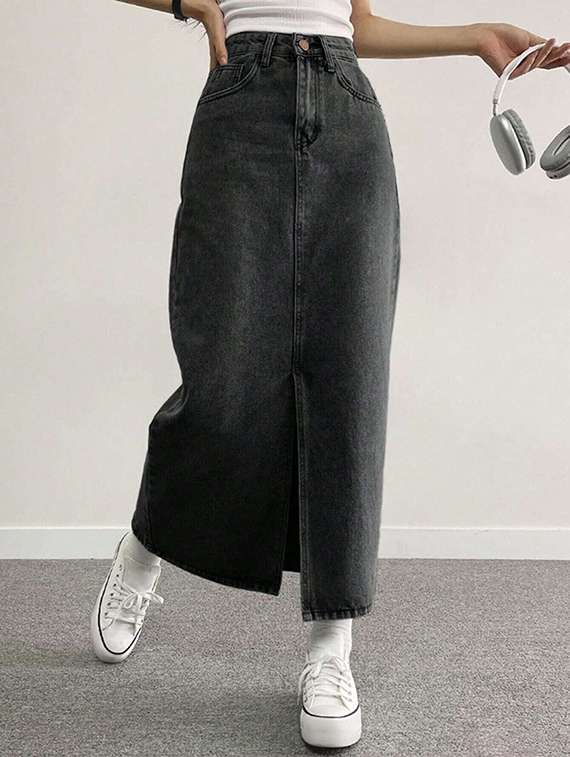 women solid high rise denim skirt