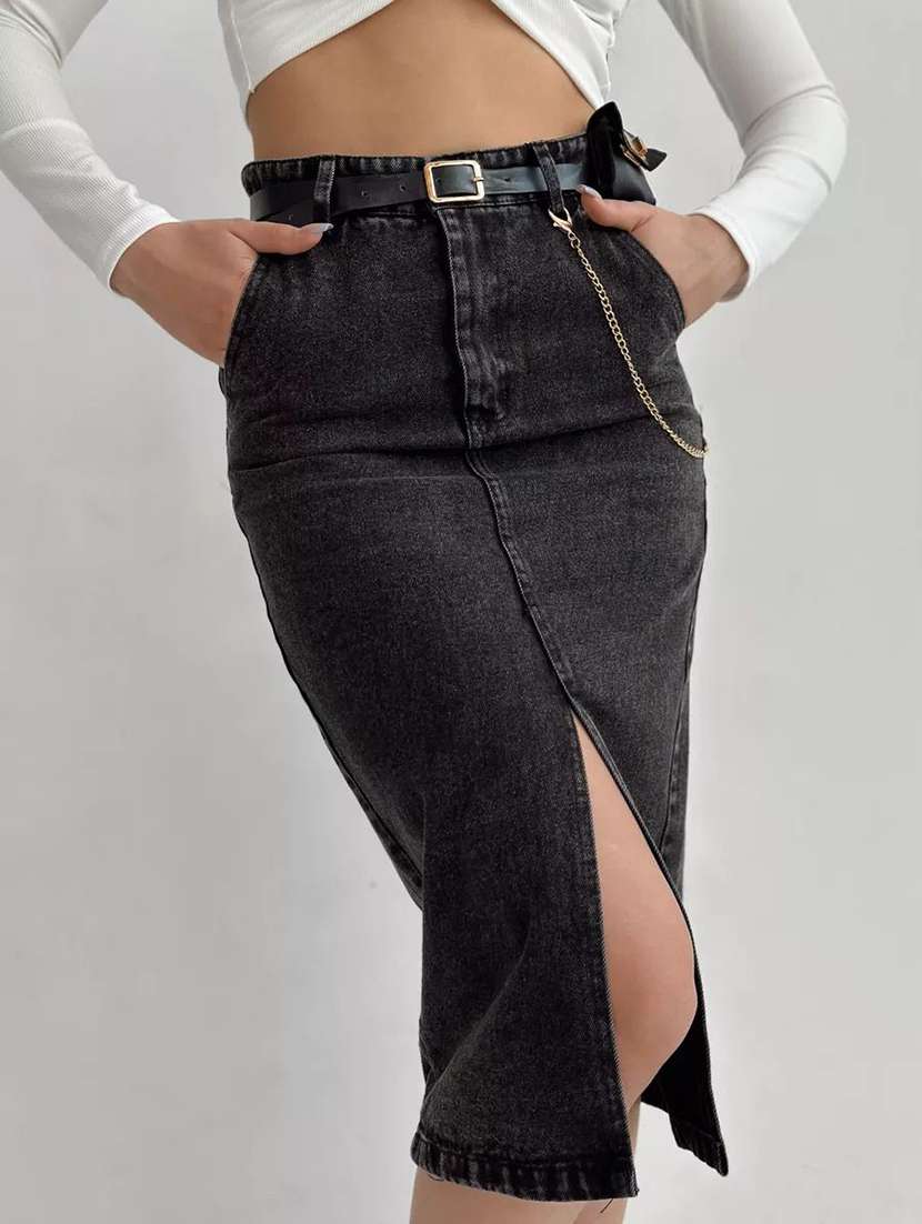 women solid high rise pencil skirt