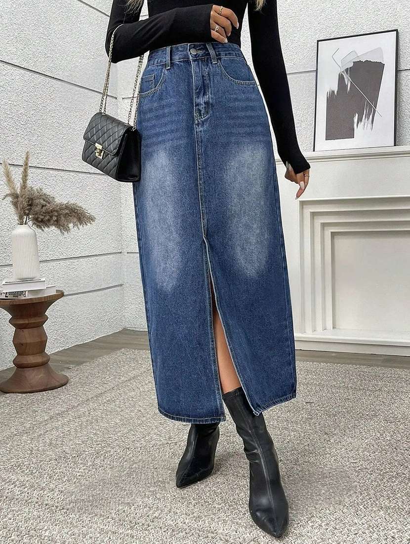 women solid high rise straight skirt