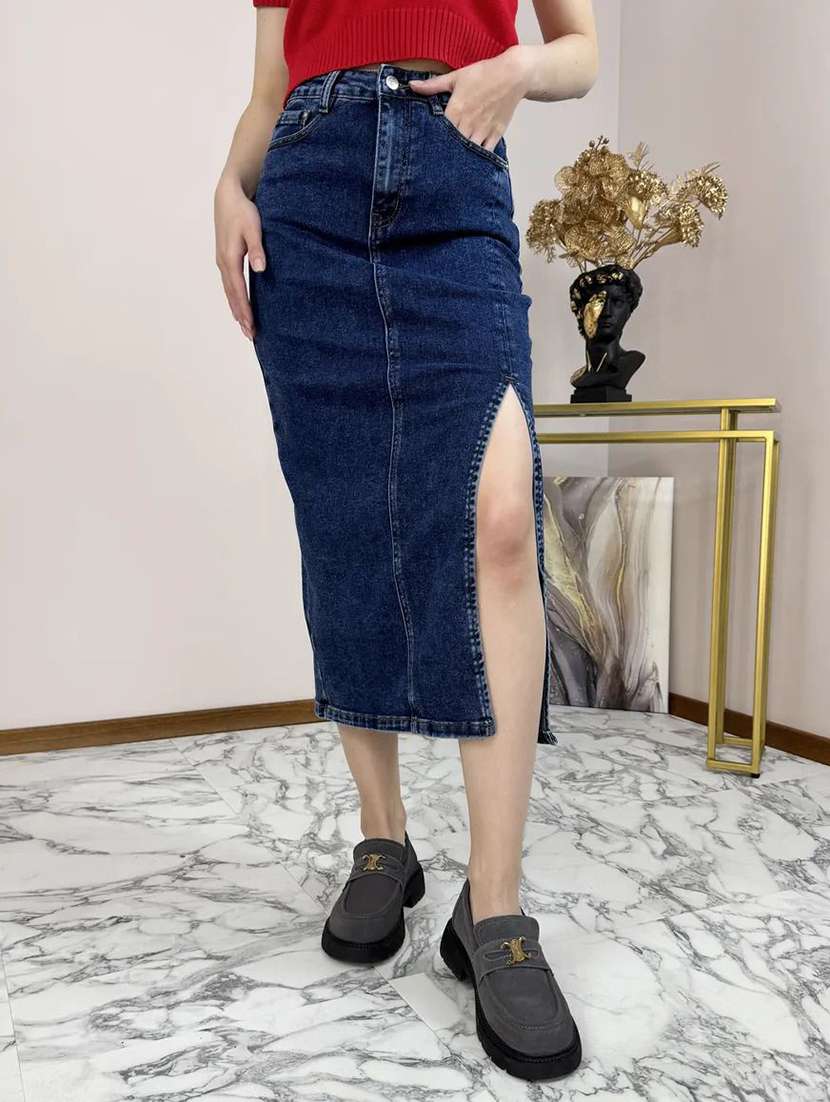 women solid high rise denim skirt
