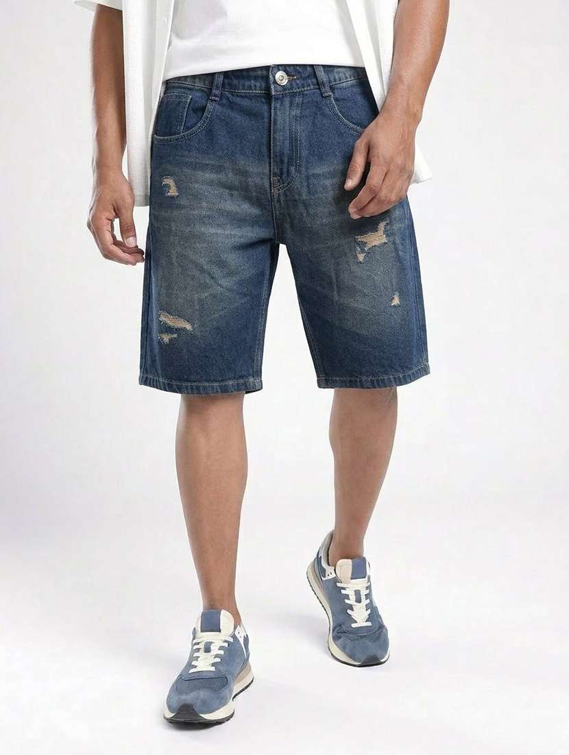 men distressed mid rise denim shorts