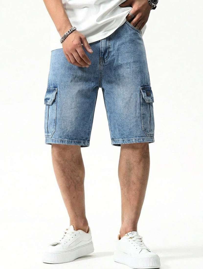 men washed mid rise regular fit cargo shorts
