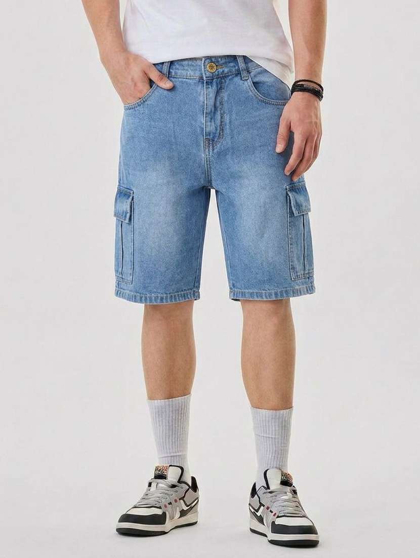 men washed mid rise cargo shorts