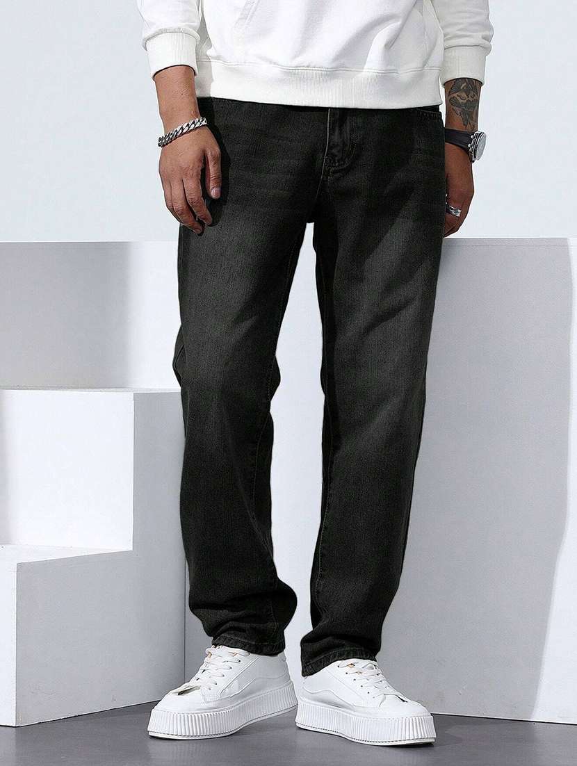 men washed mid rise straight jeans
