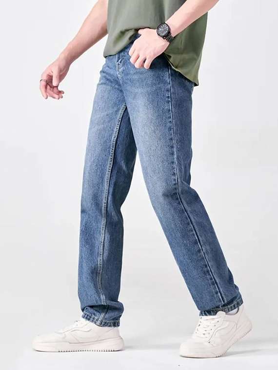 men washed mid rise straight jeans
