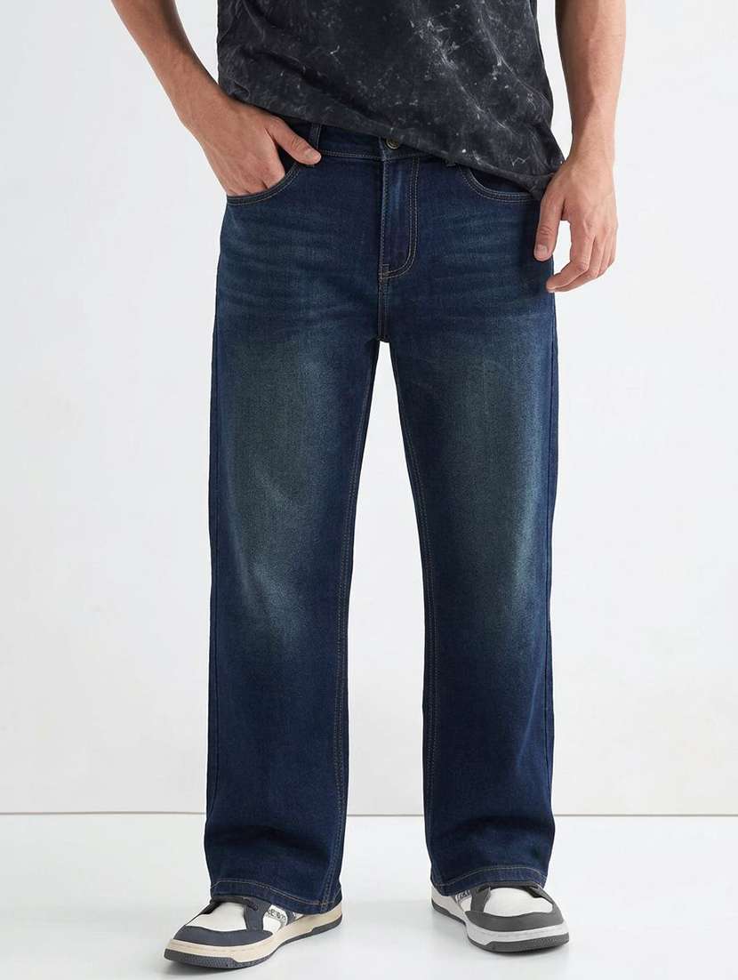 men washed mid rise straight jeans