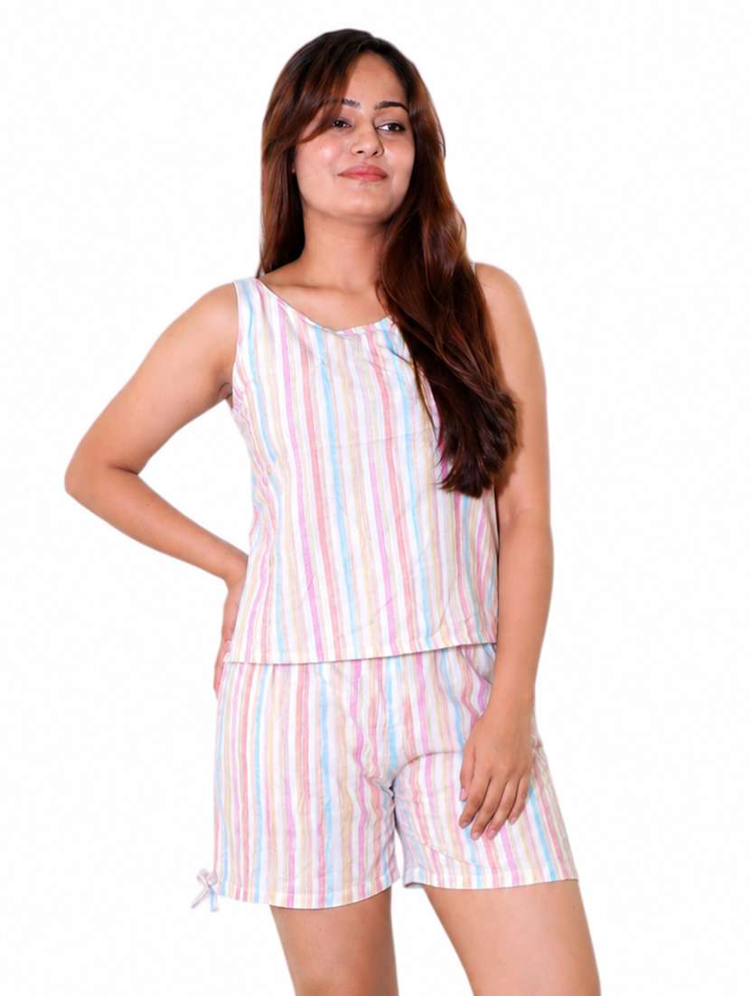 women striped sleeveless nightwear shorts set