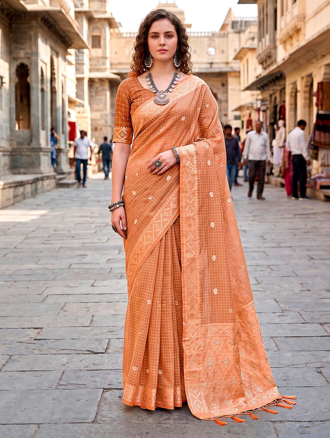 women checkered bordered saree with blouse