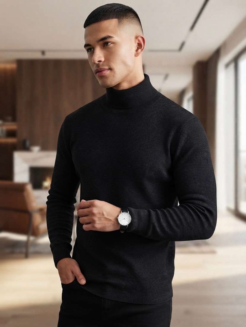 men solid long sleeves turtle neck pullover