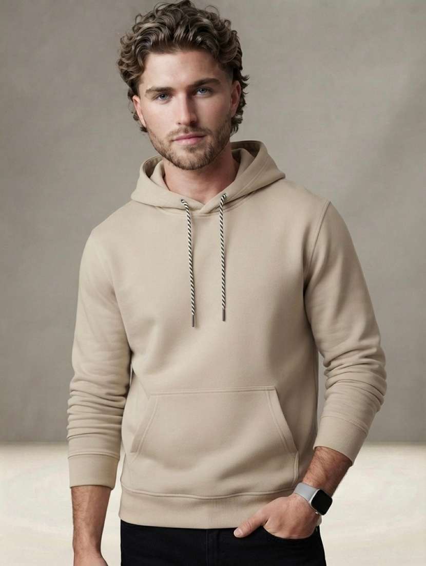 men solid long sleeves hooded sweatshirt
