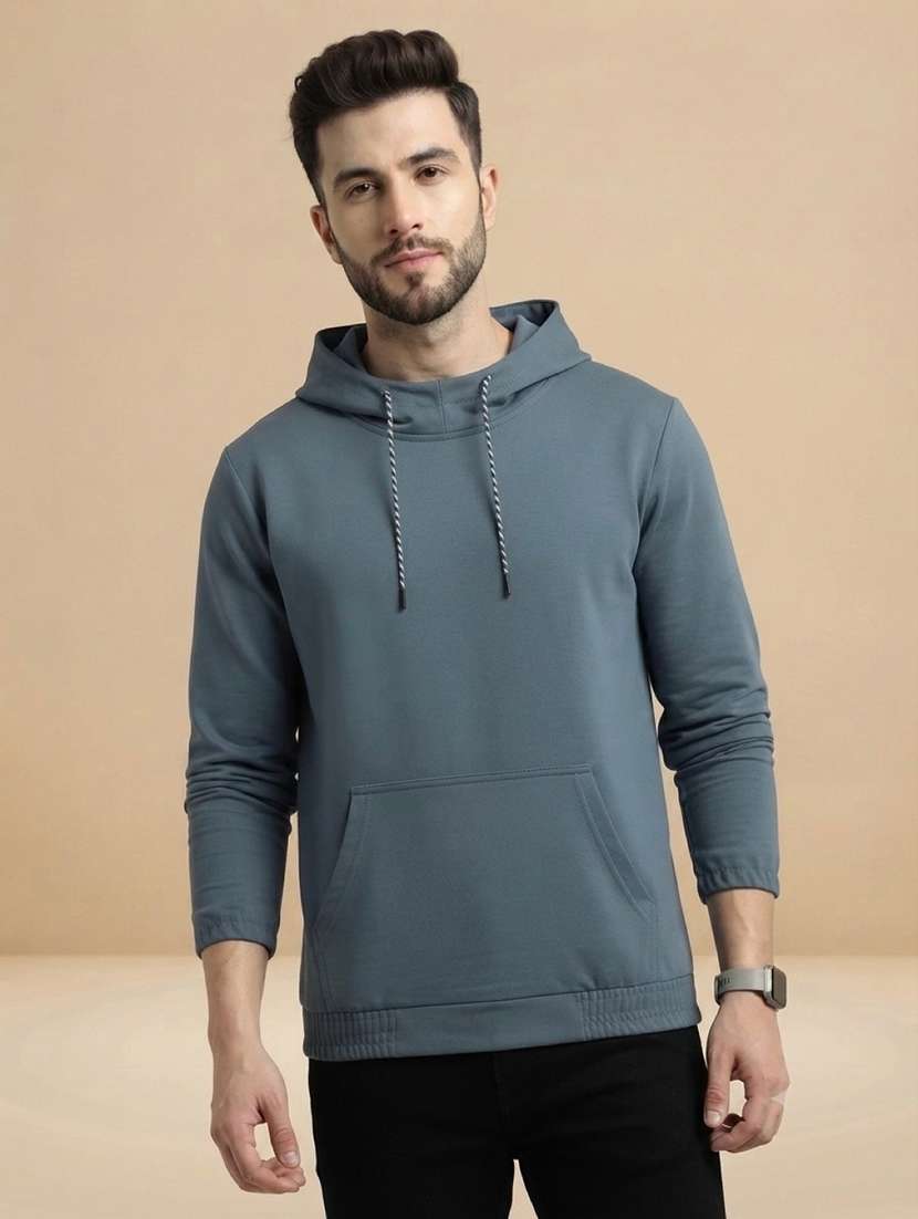 men solid long sleeves hooded sweatshirt