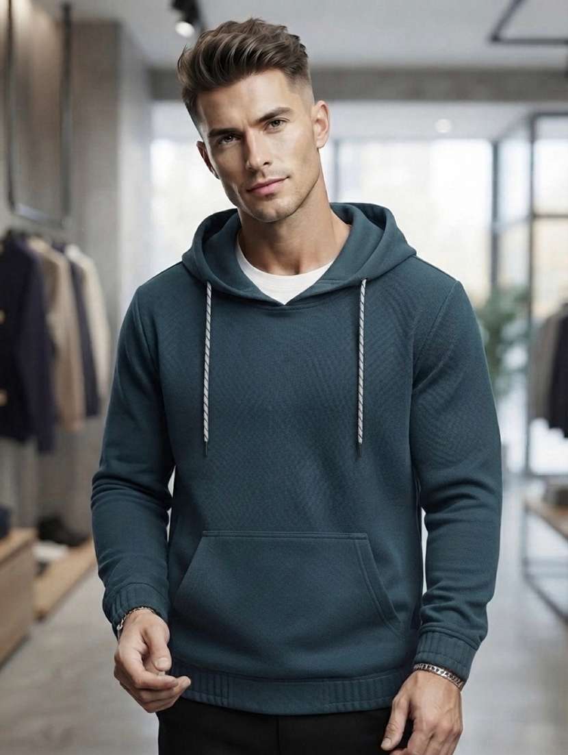men solid long sleeves hooded sweatshirt